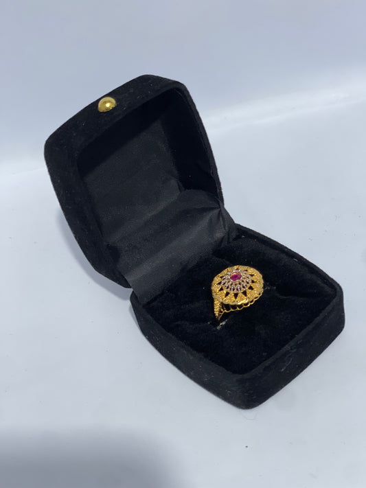 Gold-Plated Ring with Intricate Design & Red Stone