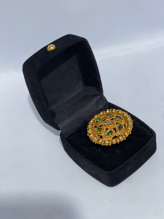 Traditional Gold-Tone Adjustable Ring with Green Stones